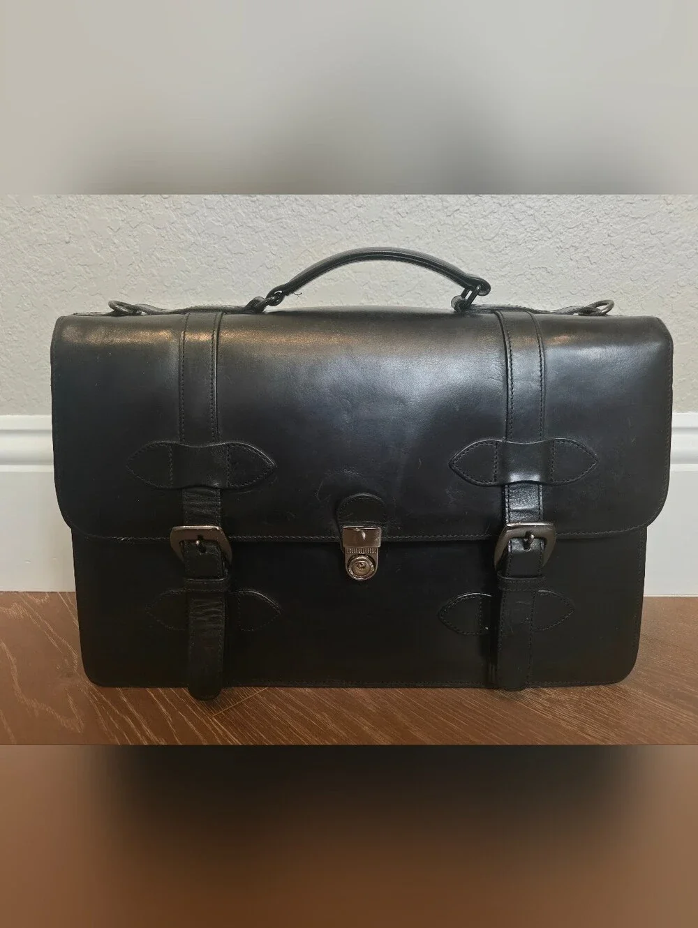 Classic Black Leather Briefcase With Shoulder Strap - Men Or Womens Work Bag